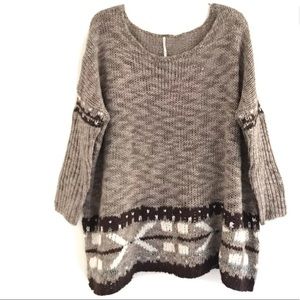 Free People | Oversized Aztec Knit Sweater Womens Size XS Brown Pullover Top